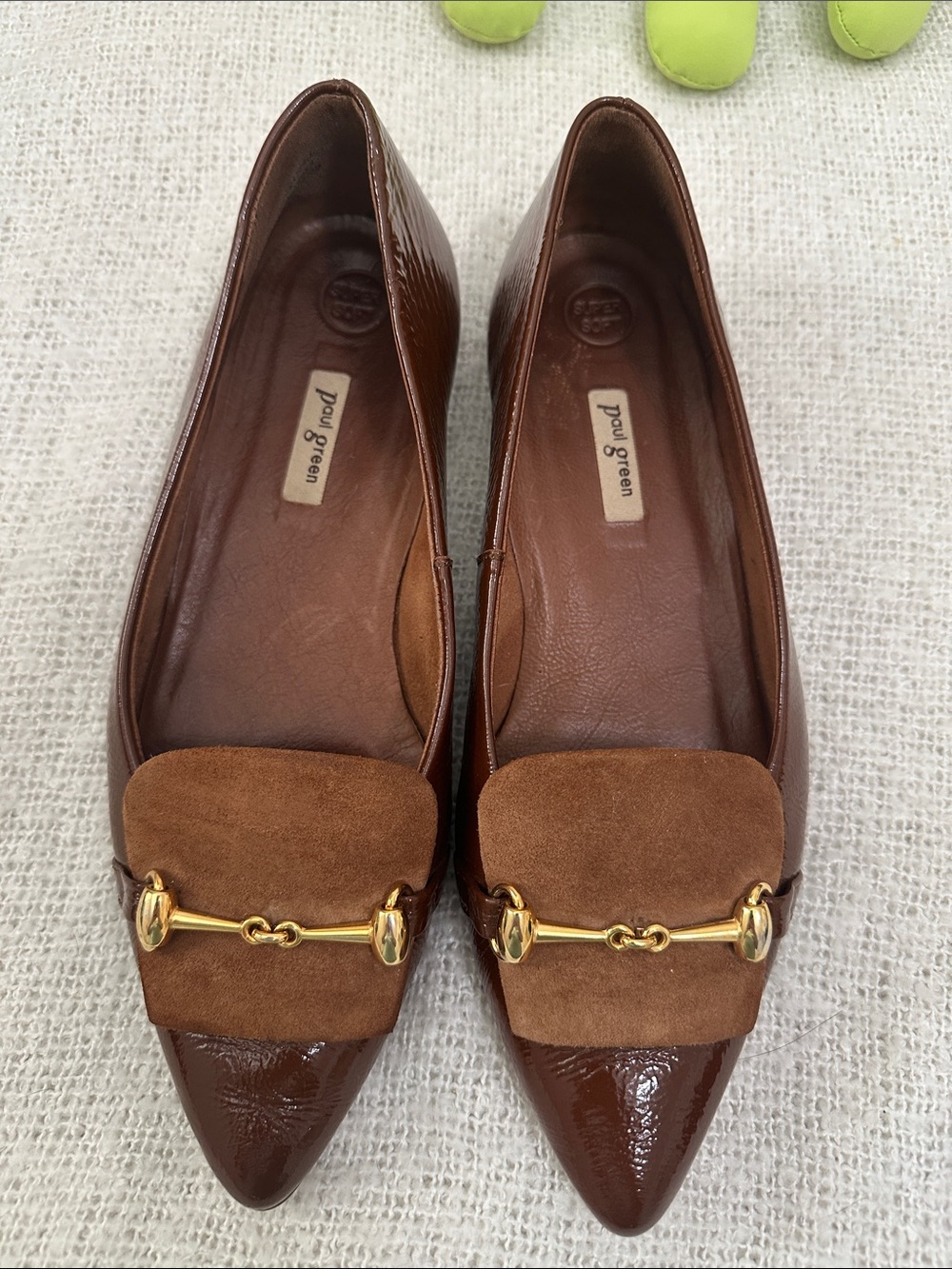 Paul Green Two-Tone Brown Leather and Suede Pointed Loafers with Gold Bit